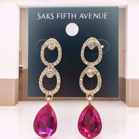 Saks Fifth Avenue Gold Plated & Pink Crystal Teardrop Costume Jewelry Earrings - Picture 2 of 3